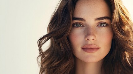 Naklejka premium Close-up portrait of a young woman with wavy brown hair, soft lighting and neutral background, focusing on natural beauty and serene expression in an artistic digital rendering.
