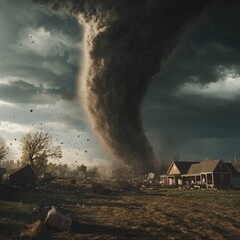 Fototapeta premium A powerful tornado devastates a rural landscape near a farmhouse during a stormy afternoon