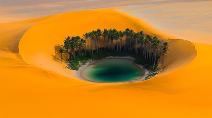 Isolated oasis surrounded by sand dunes in the desert