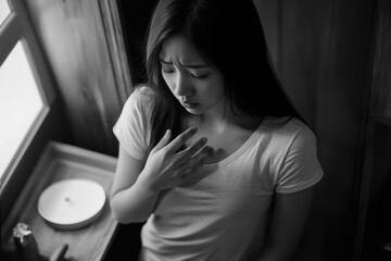 Obraz premium Woman is sitting in a room with her hand on her chest. She looks sad and is wearing a white shirt