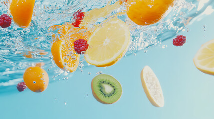 Assorted fruits splashing in water on a turquoise background