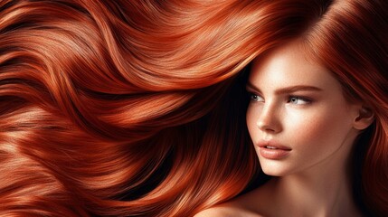 Naklejka premium Close-up of a woman with flowing, long red hair looking to the side in a portrait style illustration, emphasizing vibrant hair textures and soft lighting.