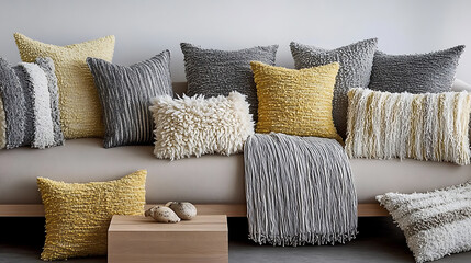 Assorted decorative cushions on a modern sofa