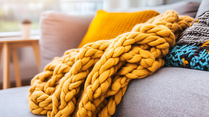 Cozy sofa with chunky knit blanket and colorful cushions