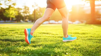 Close-up of running shoes on grass during a morning jog