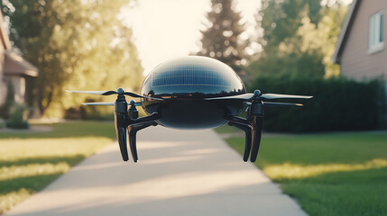 Futuristic solar-powered delivery drone in a suburban area