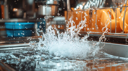Water splash in a kitchen sink with dishes in the background