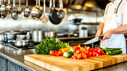 Chef preparing colorful vegetables in a professional kitchen