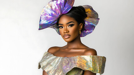 Elegant model wearing avant-garde iridescent headpiece and dress