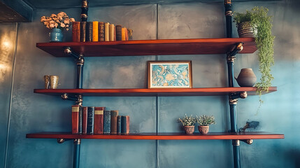Stylish mid-century modern bookshelf with books and decorative items