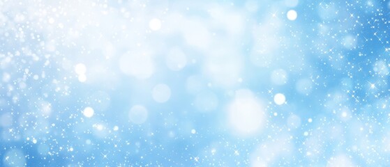 Obraz premium A light blue background with shimmering snow dots forms a whimsical winter wonderland, filled with sparkling lights and bokeh effects, inviting serenity and joy in an enchanting scene