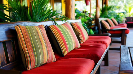 Colorful outdoor seating area with striped cushions and tropical plants