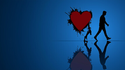 Silhouette of a person walking with a heart graphic on a blue background