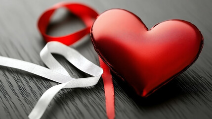 Red heart decoration with ribbon on dark wooden surface