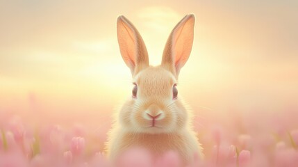 Obraz premium A rabbit is standing in a field of pink flowers