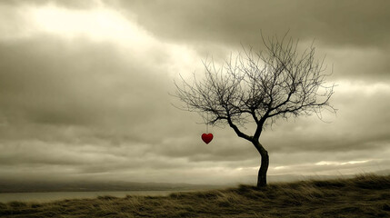Solitary tree with heart ornament under cloudy sky