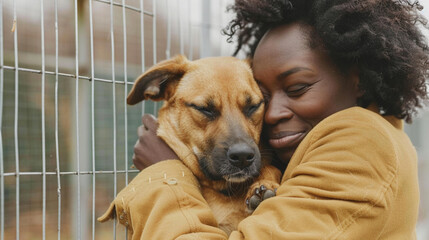 Dogs in cage with cheerful woman volunteer. Searching for adoption banner. African-American person taking pet to forever home adopt. Dog at the shelter. Animal shelter volunteer feeding the dogs