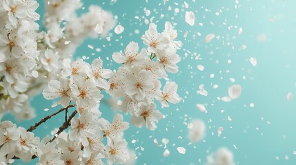 Elegant White Flowers with Falling Petals on Blue Background