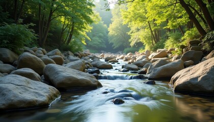  Natures tranquility  A serene stream amidst a rocky forest