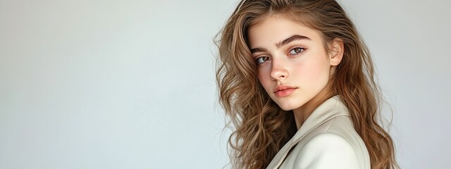 Beautiful and graceful young European woman posing while looking at the camera on a gray background
