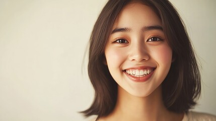 Fototapeta premium Cheerful portrait of a beautiful and graceful young Asian woman smiling while looking at the camera on a beige background