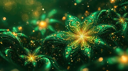 Fototapeta premium Enchanting fusion of rich green and golden particles creating a magical floral landscape
