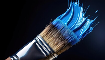 Close-up of a brush in blue paint on a black background