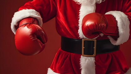 Santa in boxing gloves ready for action against red background; holiday fitness challenge