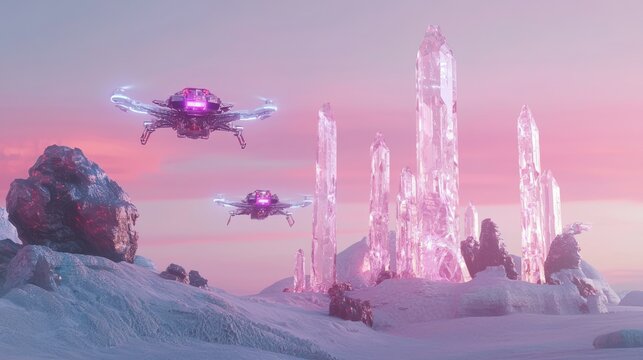 Futuristic Space Mining: Alien Landscape with Robotic Drones and Crystalline Structures under Pink-Hued Sky