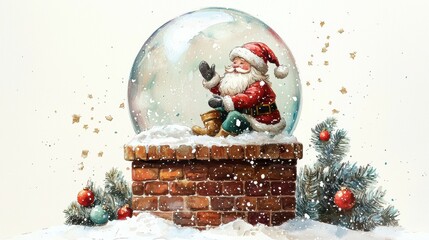 Delightful santa claus climbing chimney in a snow globe a magical winter scene