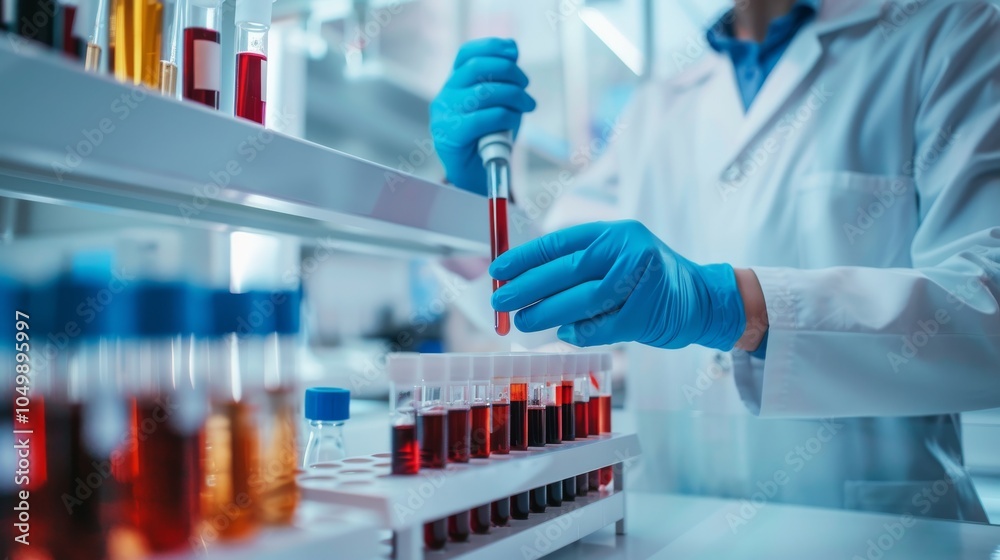 Poster a close-up of a researcher analyzing blood samples with a focus on the samples and lab equipment, se
