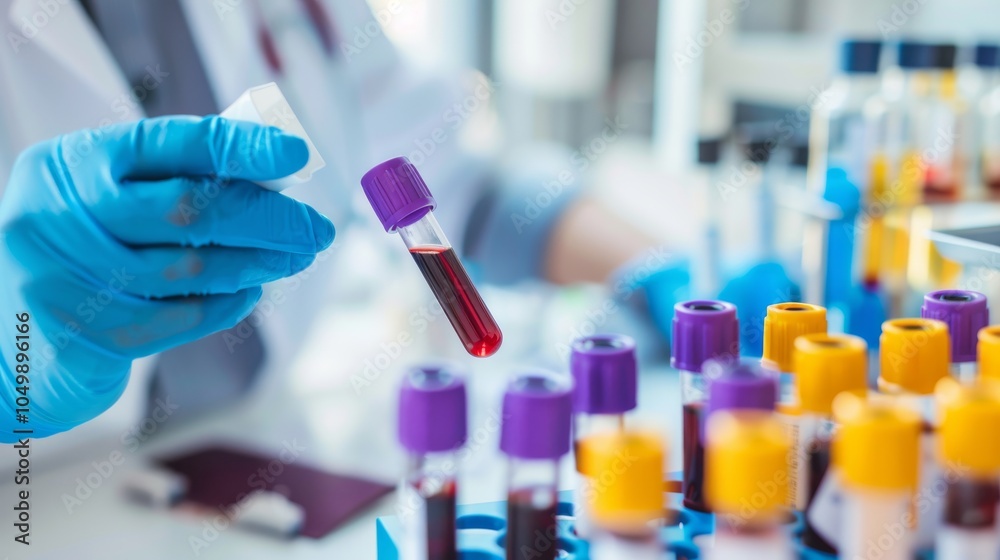 Poster a close-up of a researcher analyzing blood samples with a focus on the samples and lab equipment, se