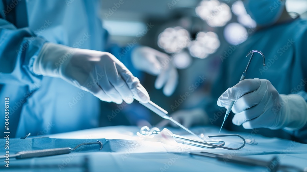 Poster a close-up of a surgeon's hands performing a delicate operation with advanced surgical tools, set ag