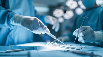 A close-up of a surgeon's hands performing a delicate operation with advanced surgical tools, set against a soft, neutral background
