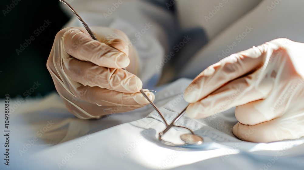 Poster a close-up of a surgeon��s hands performing a delicate operation with focus on the surgical instrume