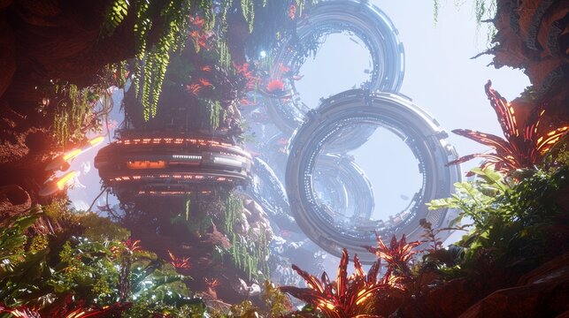 Extraterrestrial Oasis: Futuristic Space Mining in Vibrant Alien Forest - 3D Render Illustration