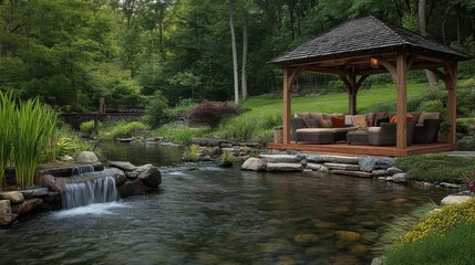 Serene cottage retreat with a rustic wooden gazebo overlooking a calm stream, featuring