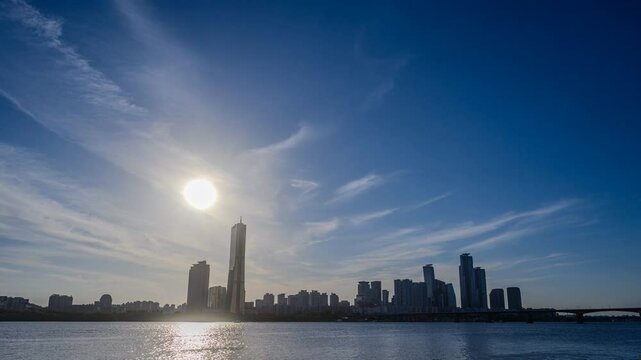 4K timelapse daytime view of 63 Building and high rise buildings of financial district with Wonhyo Bridge on Han River at Yeouido near Yeongdeungpo-gu, Seoul, South Kore
