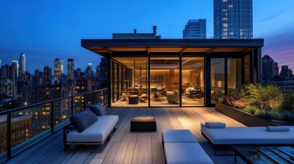 Sophisticated city penthouse with a rooftop terrace, stylish lounge furniture, and stunning