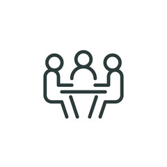 Meeting room, discussion, business conference, support group outline icon. Line sign group of three people sitting at table. Vector isolated pictograms on white background editable stroke.