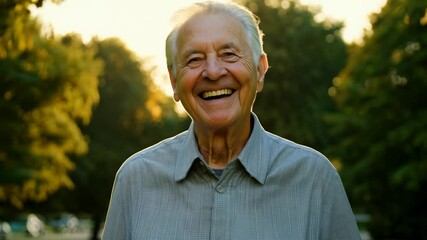A happy elderly man smiles in a park during golden hour