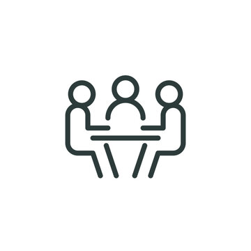 recommend clip art: Meeting room, discussion, business conference, support group outline icon. Line sign group of three people sitting at table. Vector isolated pictograms on white background editable stroke.