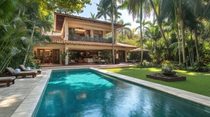 Spacious tropical villa with open-concept living spaces, lush garden, and a sparkling