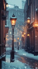 A picturesque scene of a narrow, snow-covered street with illumination from vintage street lamps, reflecting warmly on the snow.