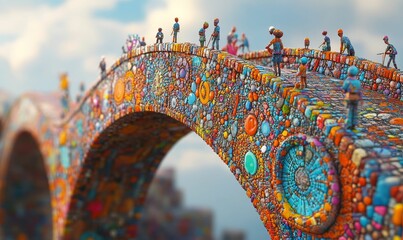Naklejka premium Colorful mosaic bridge with tiny figures.