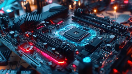 Fototapeta premium A detailed close-up of a CPU on a mainboard, with vibrant lights highlighting its intricate structure, symbolizing the power of modern technology.