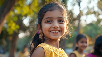 A candid moment of an Indian girl playing with friends in a park, capturing the essence of childhood