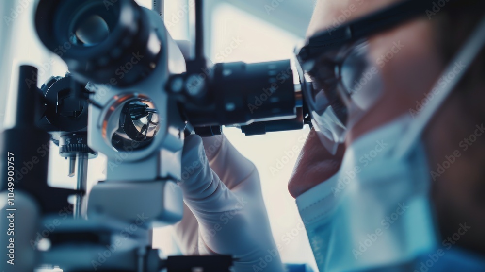 Poster a close-up of an ophthalmologist examining a patient��s eyes with focus on diagnostic tools and pati