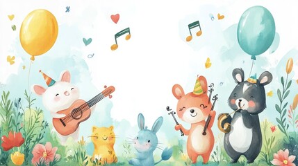 Obraz premium Watercolor illustration of cute animals playing music in a whimsical garden.