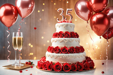 35th wedding anniversary celebration. Wedding cake, champagne and bouquet of rose flower. Romantic background.
